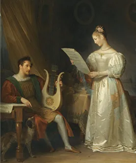 Score Prints: Interior with a Man holding a Lyre and a Woman with a Music Score