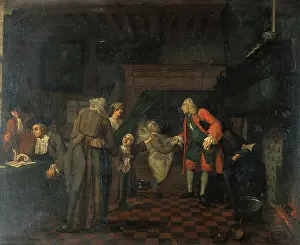 Sickbed Prints: Interior with a medical practitioner attending to a sick man in the presence of other figures