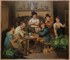 Card Prints: Interior with two men playing cards and four other figures. Creator: Stephen Jenner