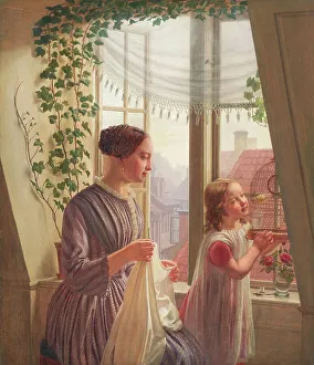 Climbing Plant Prints: Interior with mother and daughter by window, 1853. Creator: Ludvig August Smith