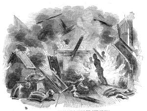 Cumbria Prints: Interior of Naworth Castle, during the conflagration, 1844. Creator: Unknown