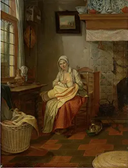 Fireplace Prints: Interior with Nursing Mother, c1774. Creator: Philip Wouverman