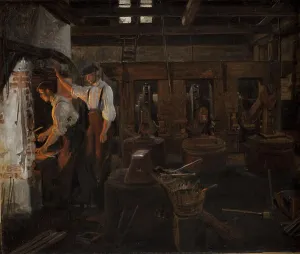Metalworkers Prints: Interior of the old workshop at Hellebæk, 1859. Creator: Constantin Hansen