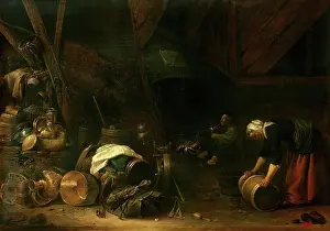 Barrels Prints: Interior of a Peasant Hut, 1634. Creator: Herman Saftleven the Younger