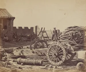 Beato Felix Gallery: Interior of Pehtang Fort Showing the Magazine and Wooden Gun, August 1, 1860, 1860