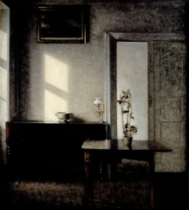 Interior with potted plant on card table, 1910-1911. Artist: Hammershoi, Vilhelm (1864-1916)