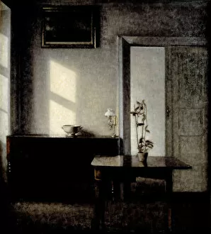 Symbolism Collection: Interior with potted plant on card table, 1910-1911. Artist: Hammershoi, Vilhelm (1864-1916)