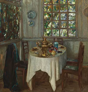 Daybreak Gallery: Interior with samovar, 1914. Artist: Zhukovsky, Stanislav Yulianovich (1873-1944)
