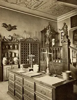 Weighing Scales Prints: The interior of a seventeenth-century apothecary's shop recreated for the German
