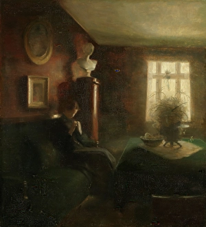 Houseplant Prints: Interior with a Sewing Girl, unknown date. Creator: Carl Holsoe