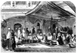 Fly Swish Prints: Interior of a Sikh Temple at Umritzir - reading the Grunt'h, 1858. Creator: Unknown