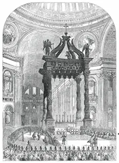 Baldachin Prints: Interior of St. Peter's - the Pope at the Grand Altar, 1850. Creator: Unknown