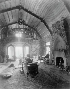 Chimneypiece Prints: Interior of the stone mountain lodge of Mrs