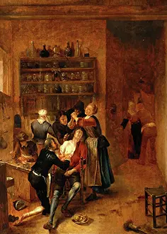 Gerrit Prints: Interior with a surgeon attending to a chest wound, c1670s. Creator: Gerrit Lundens