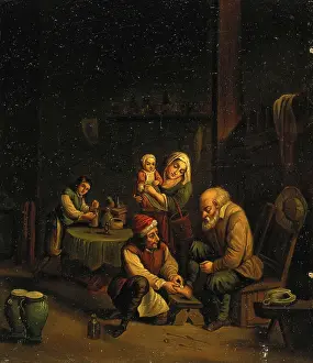 Pain Prints: Interior with a surgeon attending to a man's foot