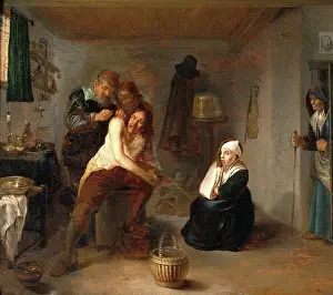 Pain Prints: Interior with a surgeon operating on a man's back