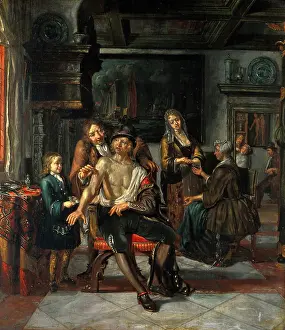 1700s Prints: Interior of a surgery with a surgeon treating a wound in the arm of a man