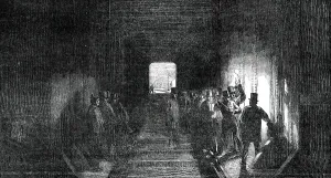Dunald Mill Hole Prints: Interior of the Tube - Mr. Stephenson Driving the Last Rivet, 1850. Creator: Unknown