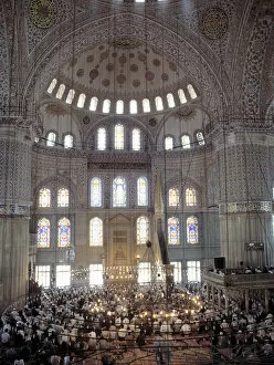 Interior view of the Blue Mosque in Istanbul during Friday prayers