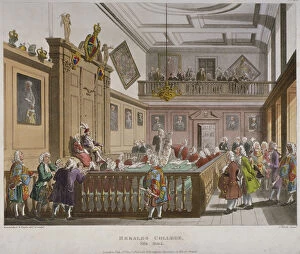 Augustus Charles Gallery: Interior view of the College of Arms Hall with figures engaged in discussion, City of London