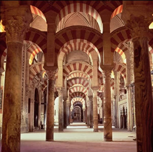Andalusian Gallery: Interior view with columns of marble, jasper and granite in the Mosque of Cordoba