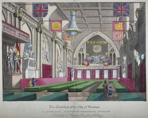 Decorations Prints: Interior view of the Guildhall decorated for the Reform Festival, City of London, 1832