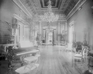 Grand Piano Prints: Interior view of a large hall with piano