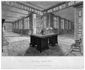 Roffe Prints: Interior view of the library at Lambeth Palace, with a desk in the foreground, 1805