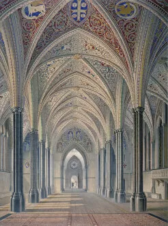 Vaulting Gallery: Interior view looking west, Temple Church, City of London, 1843