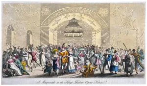 Masquerade Ball Gallery: Interior view of a masquerade at the Kings Theatre, Haymarket, London, 1821