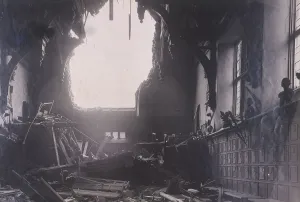 Blitz Prints: Interior view of Middle Temple Hall, City of London, after an air raid, c1941. Artist