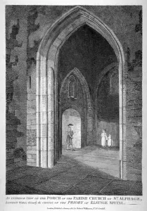 Robert Blemmell Prints: Interior view of the porch of the Church of St Alfege, London Wall, London, 1815