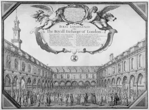 Interior view of the Royal Exchange filled with figures, City of London, 1644 Interior view of the Royal Exchange filled with figures, City of London, 1644