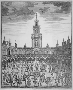 Nicholls Prints: Interior view of the Royal Exchange with merchants, City of London, 1729. Artist