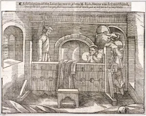 Heresy Prints: Interior view of St Pauls Cathedral when Richard Hunne was hanged, London, 1514