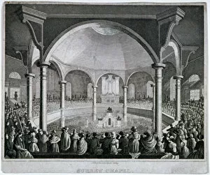 Congregation Gallery: Interior view of Surrey Chapel with a service taking place, Southwark, London, c1815