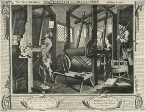 Loom Gallery: Interior of a Weavers Workshop, 1747, (1925). Creator: William Hogarth