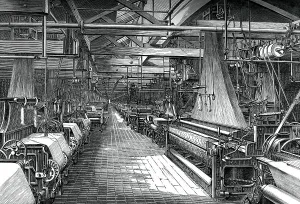 Interior of the weaving shed, St Leonards factory, Dunfermline, c1880