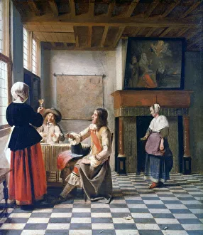 Wall Mounted Prints: Interior, Woman drinking with Two Men, and a Maidservant, c1658 Artist: Pieter de Hooch