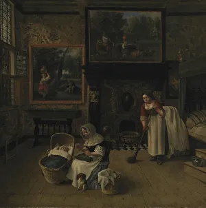 Nursemaid Prints: Interior with a Woman Embroidering and Rocking a Child in a Cradle