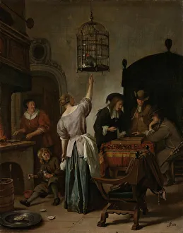 Backgam Gallery: Interior With A Woman Feeding A Parrot Two Men Playing Backgammon And Other Figures