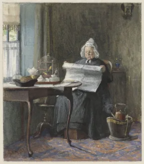 Boiling Prints: Interior with a woman reading the newspaper, 1854-1892. Creator: Gerke Henkes