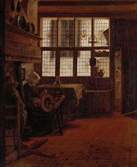 Cottage Industry Prints: Interior with Woman at the Spinning Wheel, 1661. Creator: Esaias Boursse