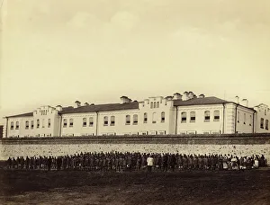 Prison Camp Prints: Internees Praying outside the Gornyi Zerentui Prison, 1891. Creator: Aleksei Kuznetsov