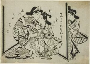 Hand Coloured Woodblock Print Gallery: An Interrupted Embrace, c. 1685. Creator: Sugimura Jihei