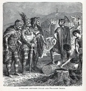 Interview between Julian and Frankish Chiefs, 1882. Artist: Leutemann, Gottlob Heinrich (1824-1905) Interview between Julian and Frankish Chiefs, 1882. Artist: Leutemann, Gottlob Heinrich (1824-1905)