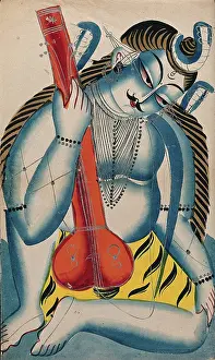 Kalighat Prints: An intoxicated Shiva holding a sitar or tambura in the form of a lingam. Creator: Unknown