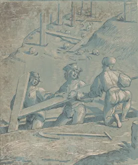 Pintoricchio Prints: The invention of the cross; three men lifting a cross from a trench; from Recueil