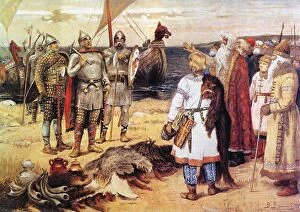 The Invitation of the Varangians: Rurik and his brothers arrive in Staraya Ladoga, before 1912. Artist: Vasnetsov, Viktor Mikhaylovich (1848-1926)