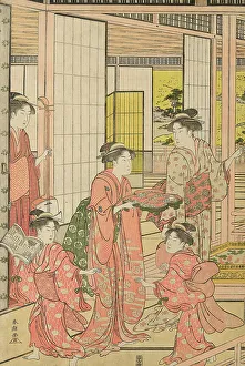 Oban Triptych Prints: Iris Garden, c. 1781/89. Creator: Katsukawa Shuncho